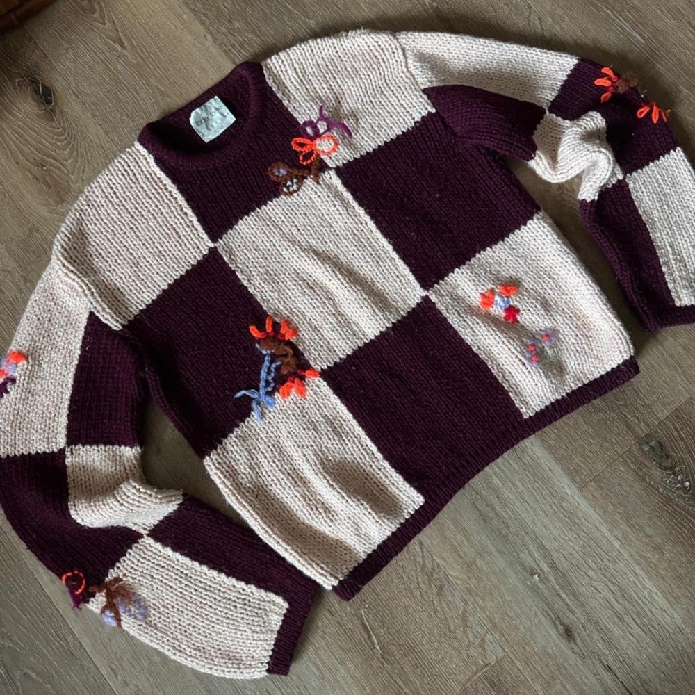 Forte‎ forte Knitwear CheckerBoard Intarsia Virgin Wool Embroidered Sweater Sz 4